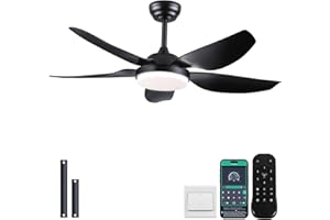 Kviflon 46 Inch Ceiling Fans with Lights and Remote/APP Control,Modern Downrods Flush Mount Ceiling Fan with 5 Reversible Blades 6 Speeds, 3 Colors Dimmable for Bedroom Kids Room, Black