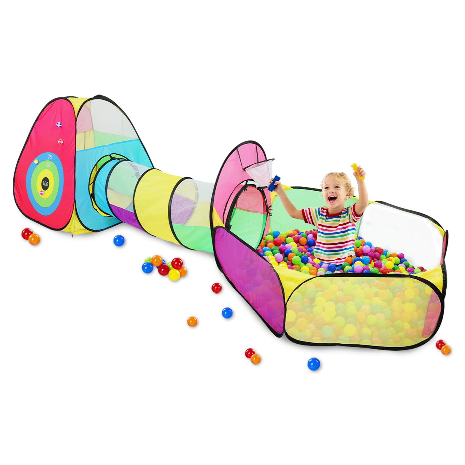 3 in 1 Kids Play Tent for Toddler with Castle Tent Ball Pit and Crawl Tunnel,Pop Up Toddlers Playhous,Great Gift for Boys and Girls Outdoor Indoor Balls Not Included(Colorful)