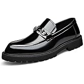 Men's Comfort Platform Chunky Slip-On Loafers, Fashion Metal Chain Shiny Patent Leather Business Casual Dress Shoes, Non-Slip Toe Lug Sole Driving Loafers