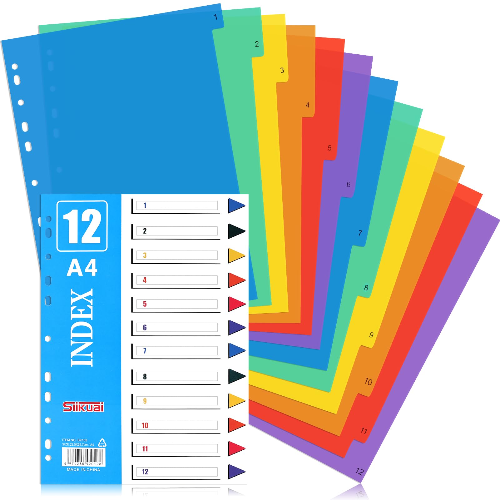 Partideal 3 Pack A4 File Dividers,12 Part Wide Coloured Tabs Multi Hole Punched Plastic Binder Dividers in Assorted Colors for A4 Portrait Documents