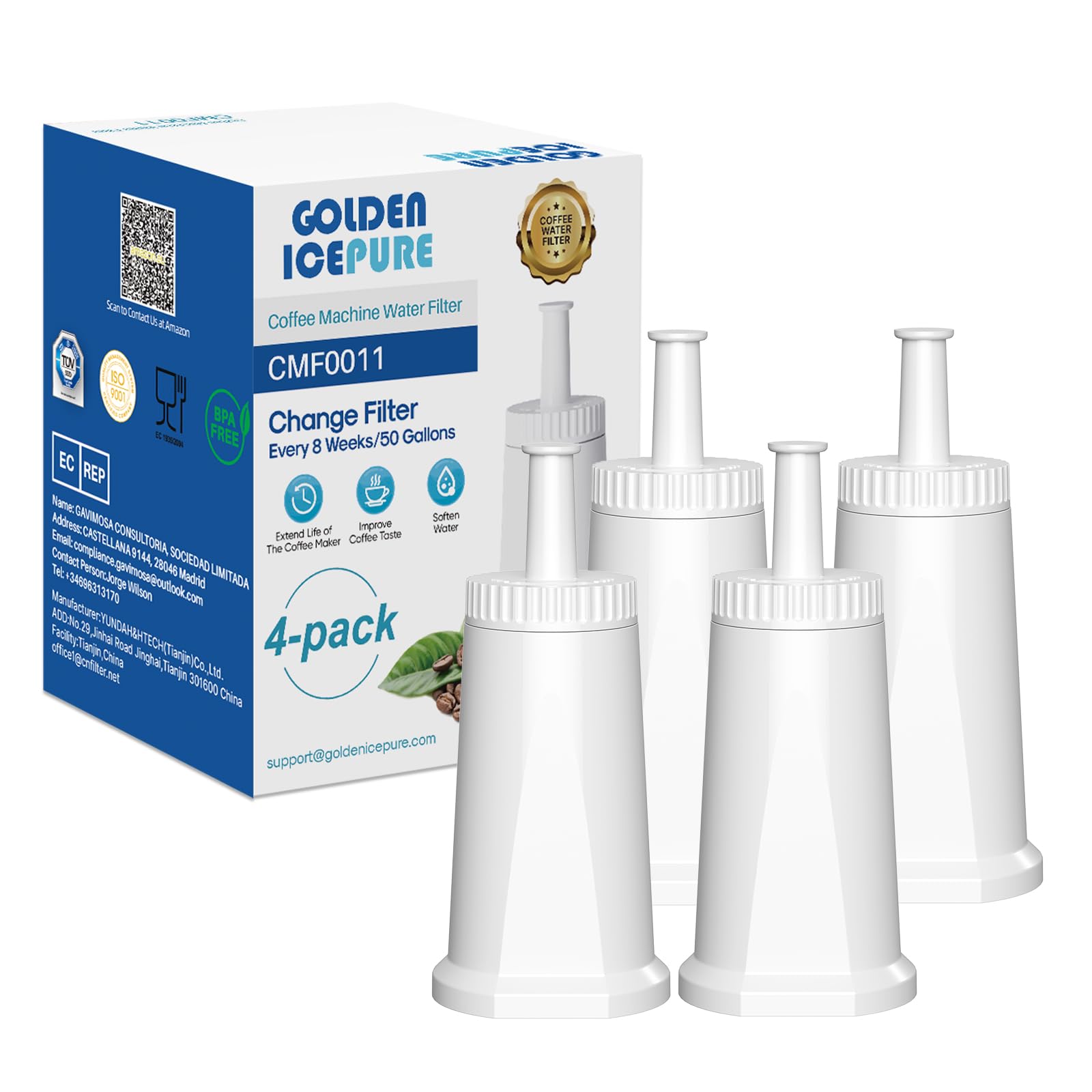 GOLDEN ICEPURE Coffee Machines Water Filter Compatible with Barista SES008, SES810, SES880, SES920, SES980, SES990 Coffee Machines, NSF Certified, 4 Pieces
