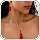 Zurlcdye Red Necklace and Earring Set Long Pendant Necklace for Women Teardrop Statement Jewelry Festival Concert Prom Party Outfits Accessories Birthday Gifts for Her