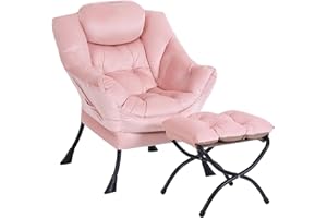 SESHINELL Lazy Chair with Ottoman, Modern Accent Chair Lounge Leisure Sofa Chair with Armrests, Reading Chair and Folding Footstool for Living Room, Bedroom, Office, Light Pink