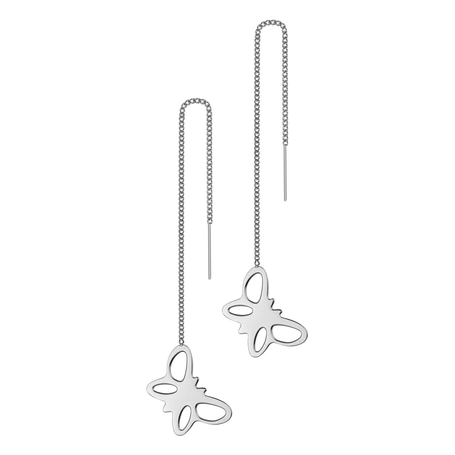 555Jewelry Stainless Steel Dangle Butterfly Earrings, Drop Tassel Threader Dangling Butterfly Earrings for Women & Cute Earrings for Ladies, Silver