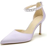 Pointed Toe Pearl Wedding Shoes for Bride White High Heels Satin Bridal Shoes Zipper Back Evening Party Dance Dresses Shoes Pumps for Women