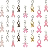 PH PandaHall 48PCS Breast Cancer Charms, Pink Ribbon Pendants Charm 8 Style Enamel Clip on Lobster Clasp Bracelet Hope Charms for DIY Jewelry Making Women Necklace Bracelet Crafts