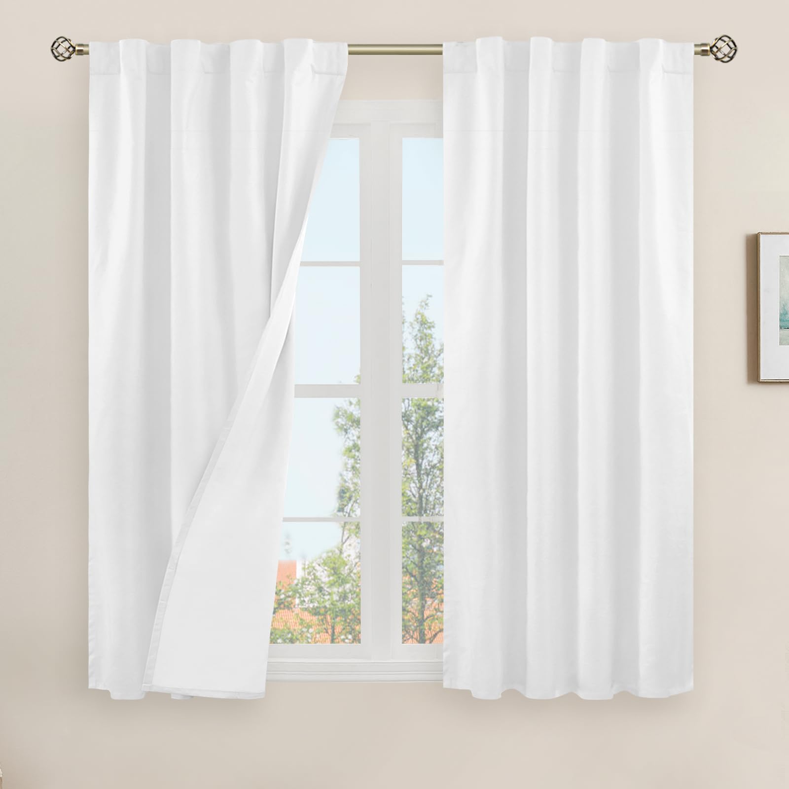 Photo 1 of LAMIT Natural 100% Blackout Linen Curtains, 45 Inches Linen Textured Thermal Bedroom Curtains Back Tab and Rod Pocket Neutral Panels with White Liner for Farmhouse, 2 Panels, 38 x 45 Inch, White