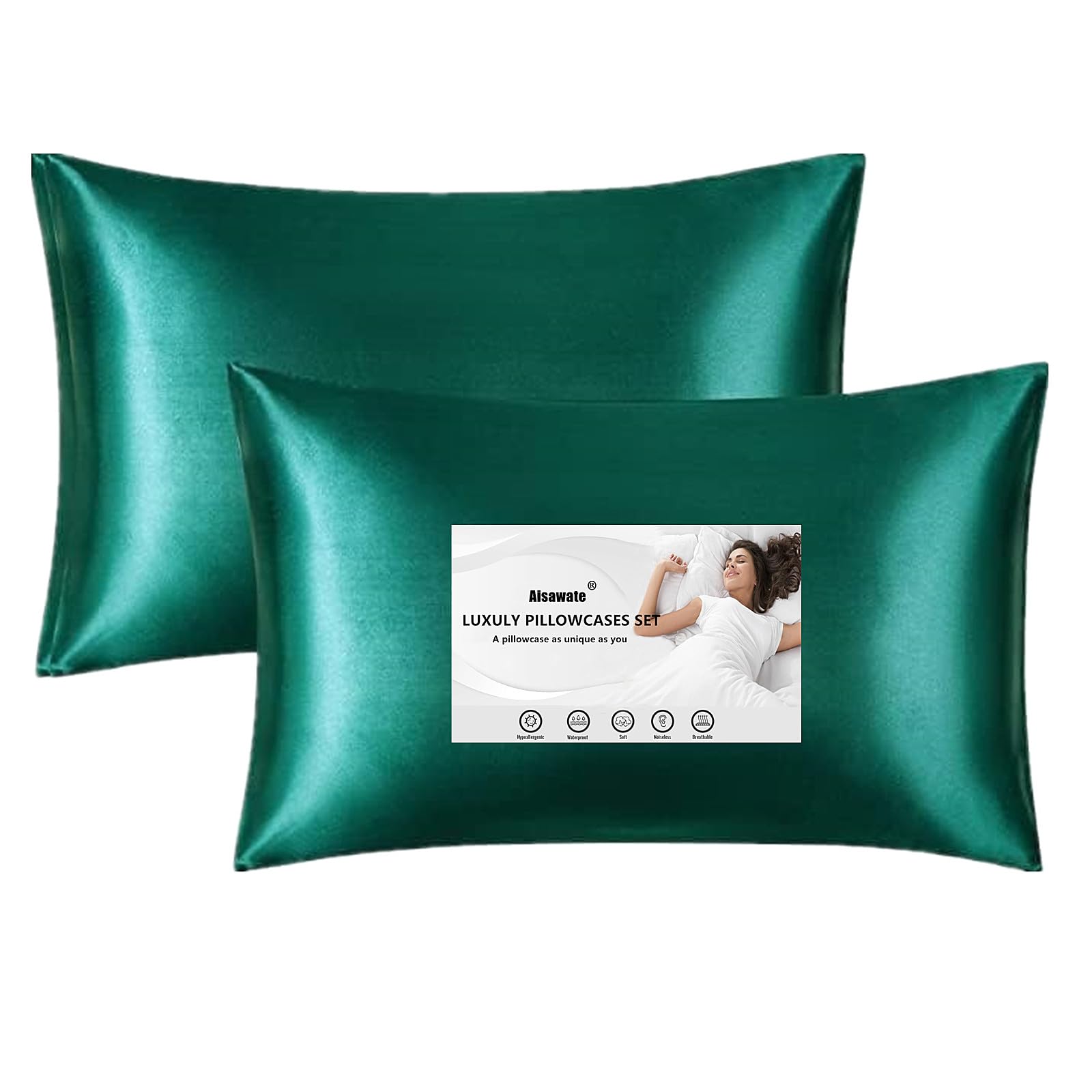 Satin Pillow Cases for Hair and Skin 2 Pack - Green Pillowcase for Hair and Skin Standard Size with Envelope Closure, 40 x 60 cm — image 1