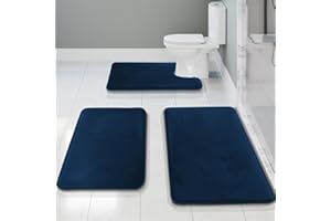 Clara Clark 3 Piece Bathroom Rugs Bath Mat Set, Velvet Memory Foam Bath Mats - Non-Slip, PVC Backing Bath Rugs, Washable Bathroom Rug Mats - Dries Quickly, Blue