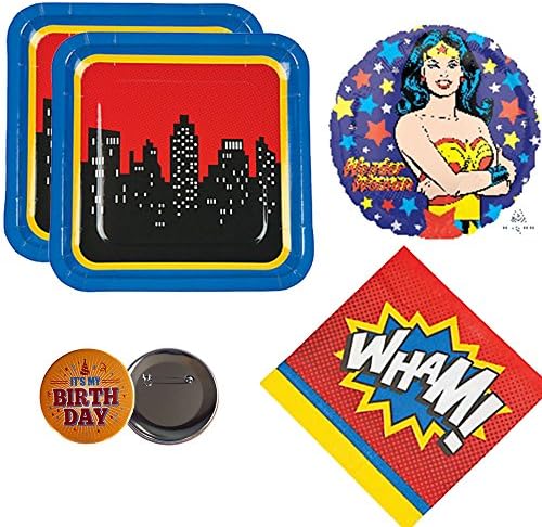 02 Wonder Woman Theme Party Supplies for 16 guests - Large Plates, Napkins, Balloon
