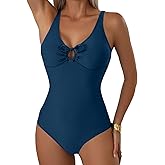 Aleumdr Tummy Control One Piece Bathing Suit for Women V Neck Tie Front Cutout Swimsuit High Cut Slimming Swimwear