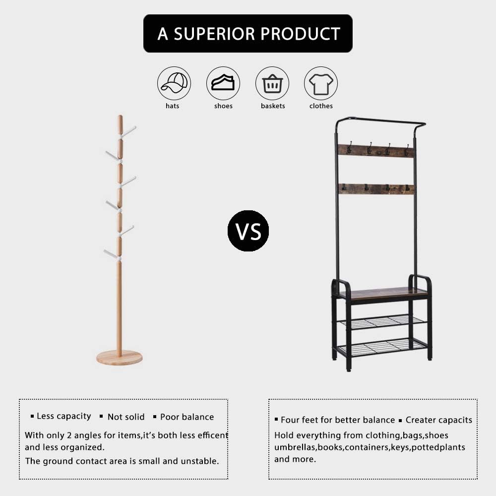 VIVOHOME 3-in-1 Entryway Hall Tree, Heavy Duty MDF Stand Coat Rack with Storage Bench, Industrial Wood Furniture with Stable Metal Frame, 8 Hooks: Home Improvement