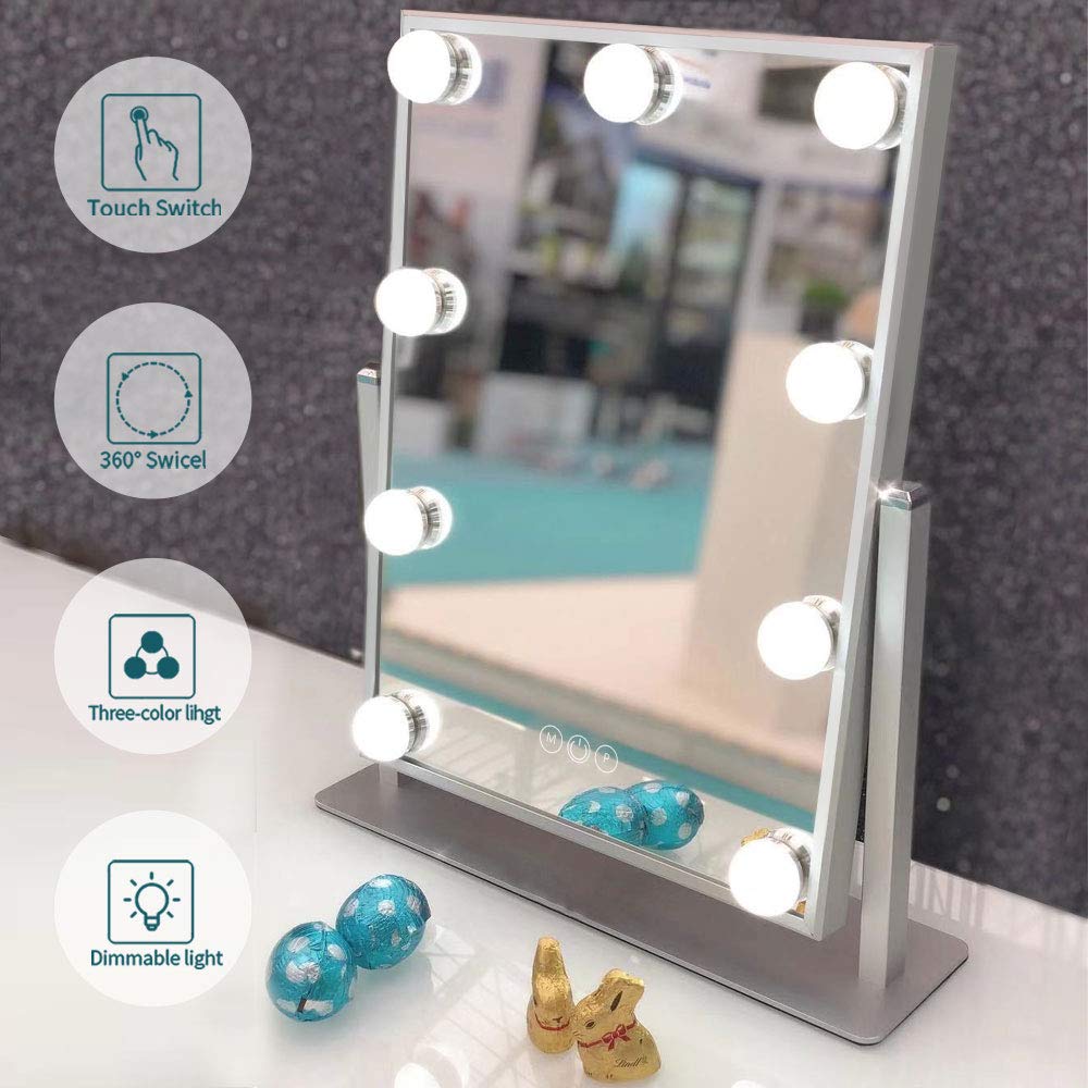 FENCHILIN Hollywood Mirror with Light Large Lighted Makeup Mirror Vanity Makeup Mirror Smart Touch Control 3Colors Dimable Light Detachable 10X Magnification 360°Rotation(White): Furniture & Decor