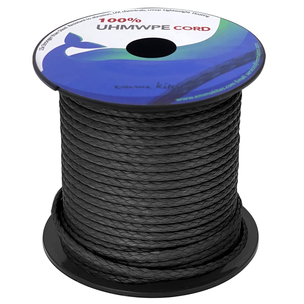 emma kites 100% UHMWPE Braided Cord 100Ft High Strength Low Stretch Utility Cord Guy Ropes 2.5mm for Tent Guyline Tarp Hammock Ridgeline 1500Lb, Black