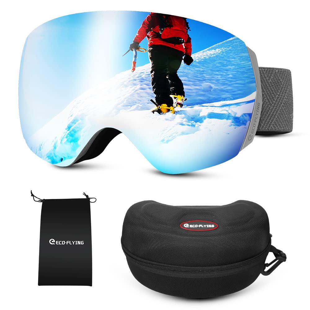 eECO-FLYING Ski Goggles, Full Revo Spherical Mirror Lens UV Protection Scratch Resistant Anti Fog Anti Waterproof OTG Snowboard Snow Goggles for Women, Men(Red)