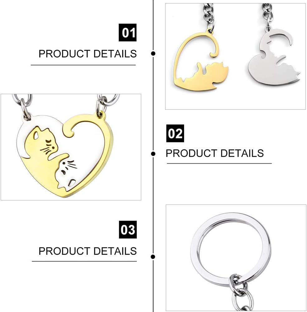 Couple Keychain Set CHEPL 2 Sets Couples Heart Keyrings Stainless Steel Cat Puzzle Piece Matching Couple Keychain Anniversary Valentine's Day and Best Friends Gift Silver,Black,Gold - Image 4