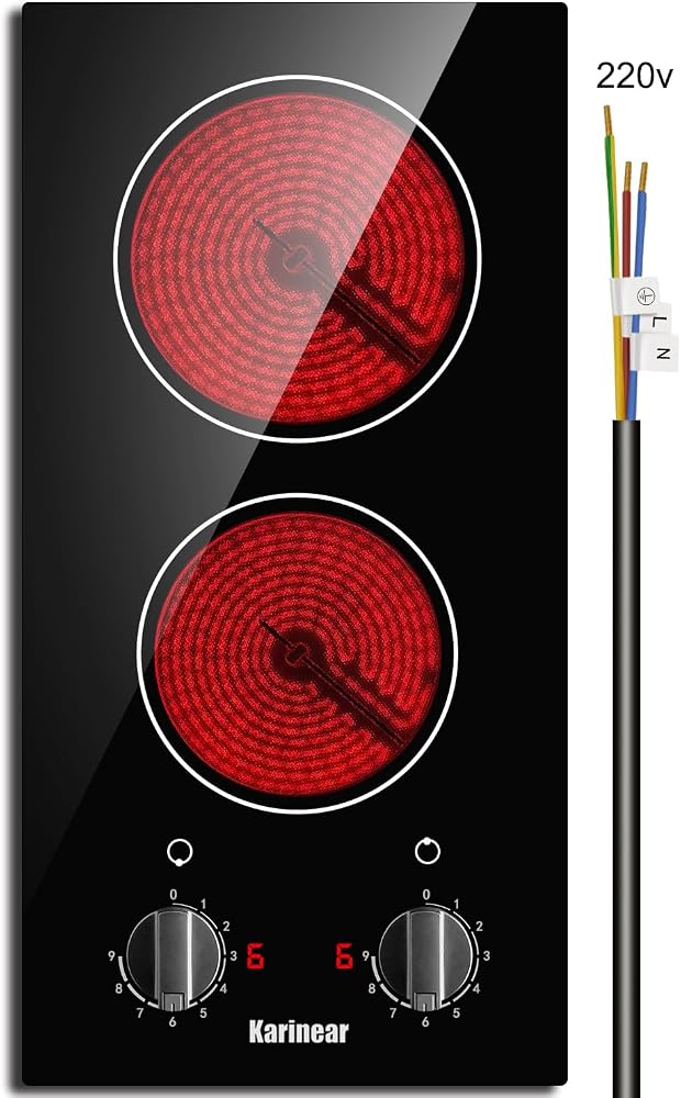 Karinear 2 Burner Electric Cooktop 12 Inch Built-in Electric Stove Top, 220v- 240v Radiant Cooktop with Residual Heat Indicat