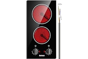 Karinear 2 Burner Electric Cooktop 12 Inch Built-in Electric Stove Top, 220v- 240v Radiant Cooktop with Residual Heat Indicator, Knob Control, Over-Temperature Protection, Hard Wire(No Plug)