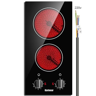 Karinear 2 Burner Electric Cooktop 12 Inch Built-in Electric Stove Top, 220v- 240v Radiant Cooktop with Residual Heat Indicator, Knob Control, Over-Temperature Protection, Hard Wire(No Plug)