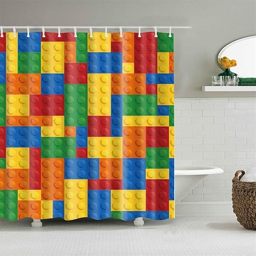 Amazon Com Shower Curtain Colorful Lego Game Yellow Green Red Blue Childern Toy For Kids Vintage Childhood Bathroom Decor Accessories Bath Curtain With Hooks Kitchen Dining