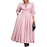 Tbahhir Women Casual Button Down Dress Flowy V Neck High Waisted Bubble Sleeve Maxi Shirt Dresses Elegant Formal Outfits