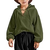 Haloumoning Boys Medieval Viking Pirate Shirt Kids Renaissance Costume Retro Lace Up Hooded Cosplay Shirts Tops 5-14 Years