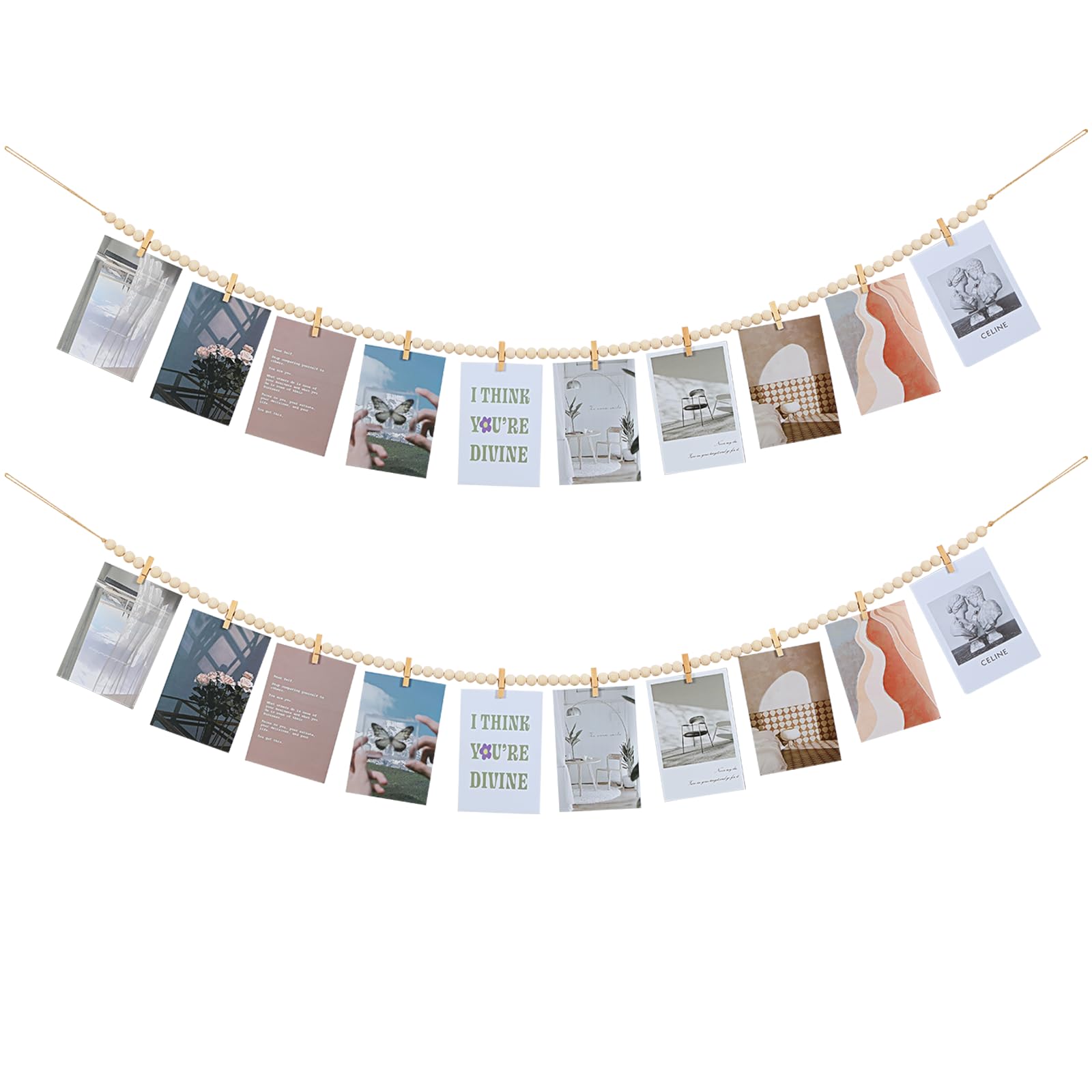 Photo 1 of 2Pcs Hanging Photo Display with Clips, Boho Wooden Bead Garland Collage Picture Frame Wall Decor, Photo String with 10 Clips for Bedroom Room Dorm Cubicle Decor, Christmas Teen Girls Gifts