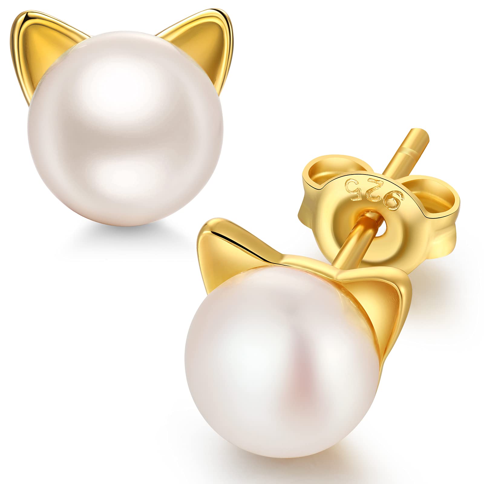 Gold Cat Earrings Silver Pearl Earrings Cat Jewelry Gift for Cats Lover