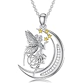 Magical Fairy Moon Star Necklace for Women - Enchanted Celestial Elf Pendant with Angel Wings and Sparkling Crystal Womens Crescent Fantasy Jewelry Gifts Whimsical Christmas Birthday Gift