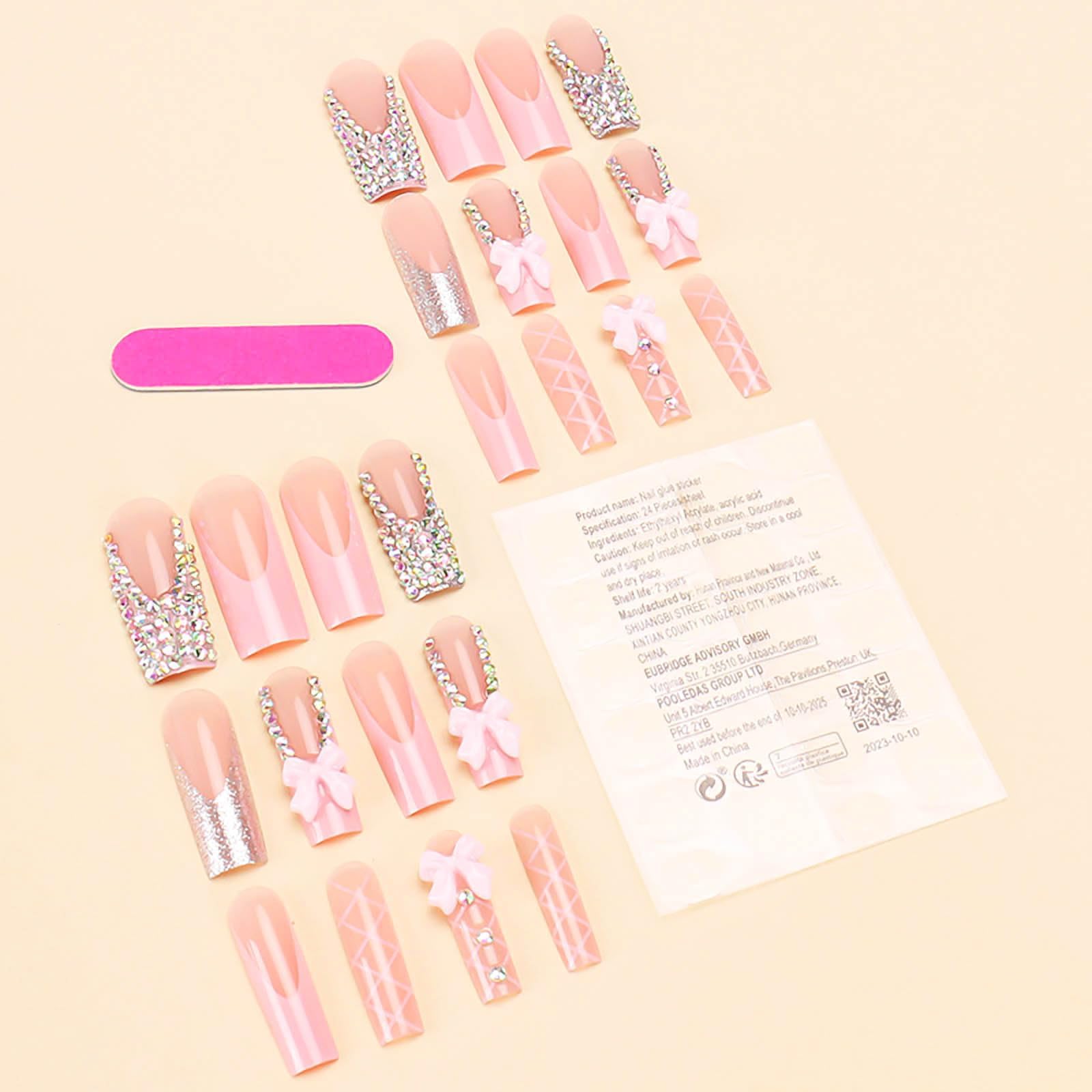 RUOKEXIN Long Square Press on Nails French Tip Fake Nails Pink False Nails with Bow Rhinestones Designs Long Square Nail Press ons Sparkly Glue on Nails Cute Stick on Nails for Women 24Pcs - Image 2