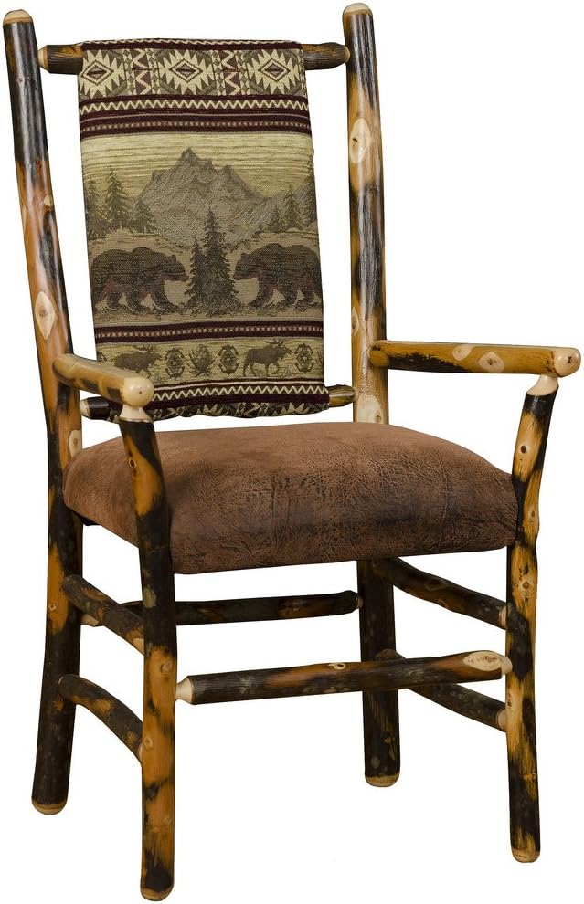 Set of Two Rustic Hickory Low Back Dining Chairs with Arms-Faux Brown Leather