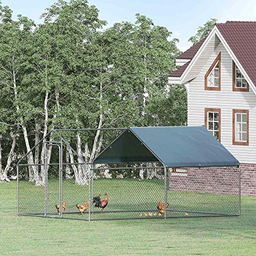 PawHut Galvanized Large Metal Chicken Coop Cage 2 Rooms Walkin