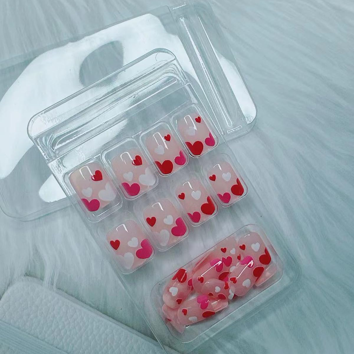 Valentine's Day Press on Nails Short Red Heart Square Fake Nails with Designs Full Cover False Nails Glossy Pink Acrylic Nails Cute Artificial Nails Extra Short Press on DIY Nail Decorations for Women - Image 6