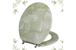 Round Toilet Seat Natural Wood Toilet Seat with Zinc Alloy Hinges, Easy to Install also Easy to Clean, Anti-pinch Marble Toilet Seat by Angol Shiold (Round, Green Marble)