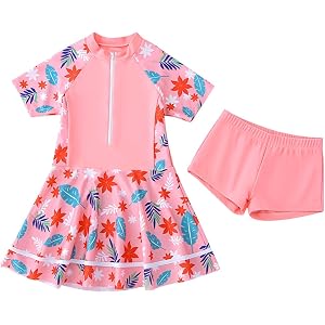 Girls 2 Piece Swimsuit Set Floral Print Sleeve Bathing Suit Kids Rash Guard Attached Skirt and Shorts for Beach Pool