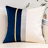 Yangest Navy Blue Patchwork Velvet Throw Pillow Cover with Gold Striped Leather Cushion Case Modern Luxury Pillowcase for Sofa Couch Bedroom Living Room Home Decor,18"x18"