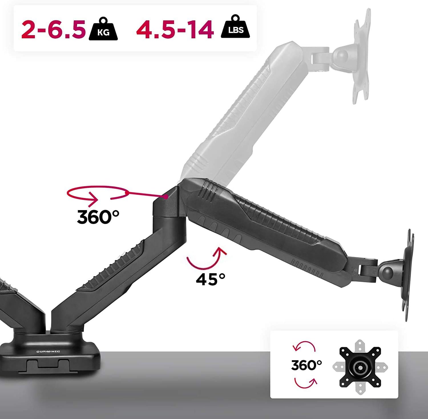 Duronic Monitor Arm Stand DMDC52, Double Gas-Powered PC Desk Mount, Black, Height Adjustable, For Two 13-24 LED LCD Screens - Image 5