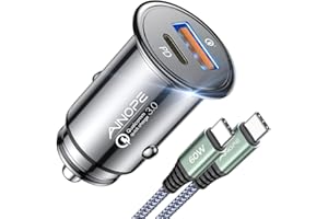 AINOPE 67.5W Mini Car Charger USB C Fast Car Charger (with 60W USB C Cable) for iPhone 17 Car Charger, All Metal Cigarette Li