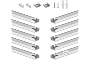 BTF-LIGHTING 10-Pack 1.64ft / 0.5m U-Shaped Silver LED Aluminum Channel System with Milky White Cover Lens,Aluminum Extrusion Track Housing Profile Diffuser for 8/10/12mm LED Strip Lights(No LED)