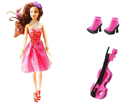 Baccha Party Beauty Look Happy Girl Doll Set with Two Pairs of Shoes and a Violin with Colored Hair and Pink Dress