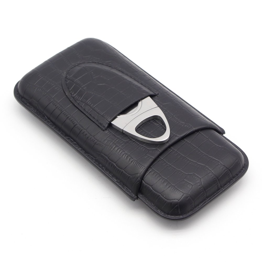 GALINER 3ct Cigar Case, Genuine Leather Cigar Travel Case Humidor with Cigar Cutter (Black)