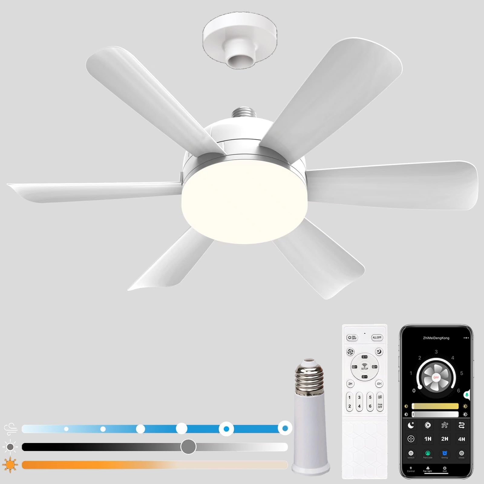 Photo 1 of 18" Socket Fan Light with 2.4G Remote/APP Control 6 wind Speeds 3 Color Temperatures Socket Ceiling Fan Light,E26 Base Screw Socket Ceiling Fan with Lights,for Small Rooms,Kids Room Kitchen