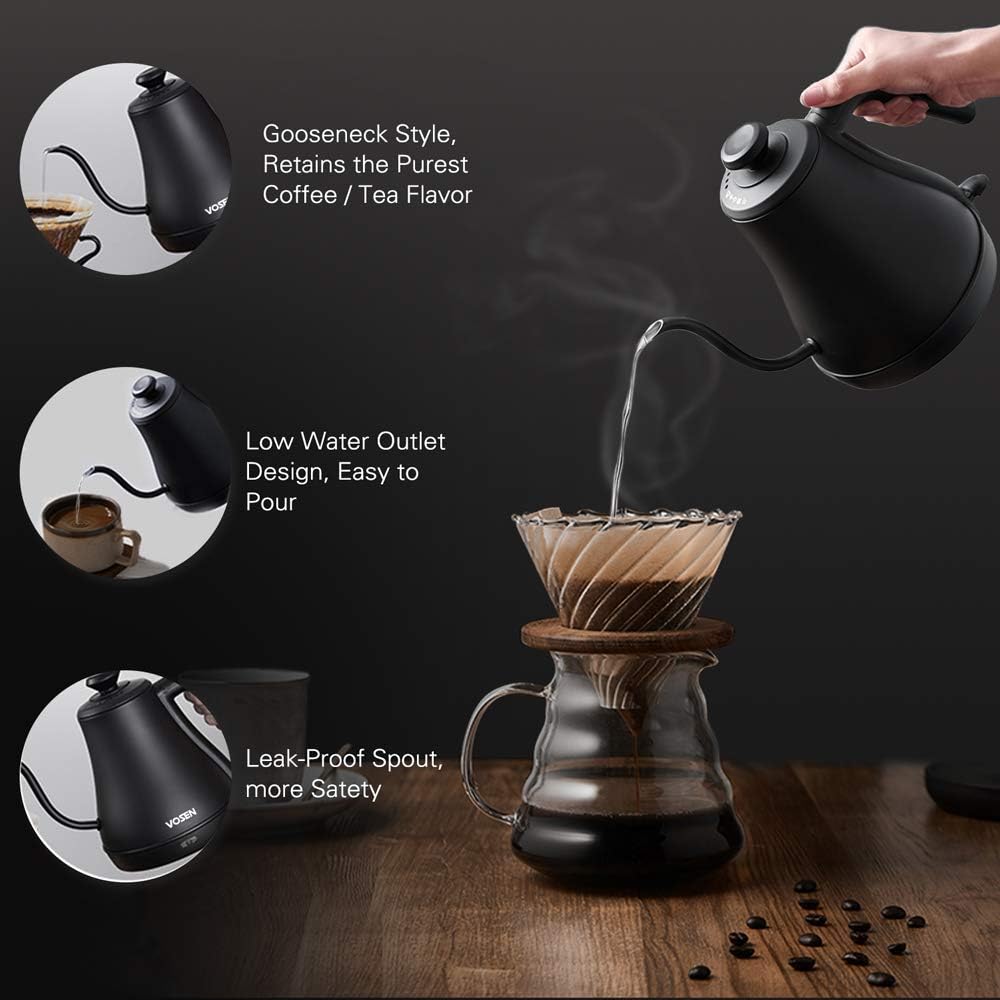 Electric Kettle, VOSEN Gooseneck Kettle, Pour Over Coffee Kettle & Tea Kettle, 100% Stainless Steel Inner Lid & Bottom, 1000 Watt Quick Heating (Black 0.8L): Kitchen & Dining