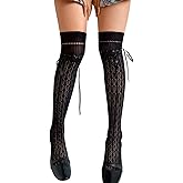 ShawGobow Over Knee Socks With Bows,Patterned Thigh High Stockings Women,Cute Long Sock For Boots Size 0-10