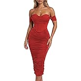 CurvySweet Women's Off The Shoulder Midi Dress Built-in Bra Ruched Corset Bodycon Spring Formal Cocktail Party Dresses