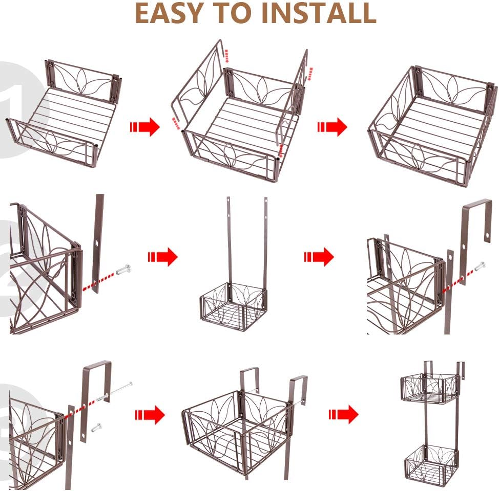 AmnoAmno 2-Tier Balcony Hanging Flower Rack Stand Rail Planters Baskets Pots for Outside, Deck Railing Planters Boxes Outdoor Hanger Stand with Strong Metal Folding Design Easy Installation (Bronze) : Garden & Outdoor