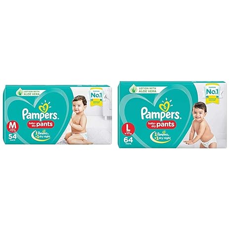 Pampers New Diapers Pants, Medium (54 Count) & Pampers New Diapers Pants, Large (64 Count)
