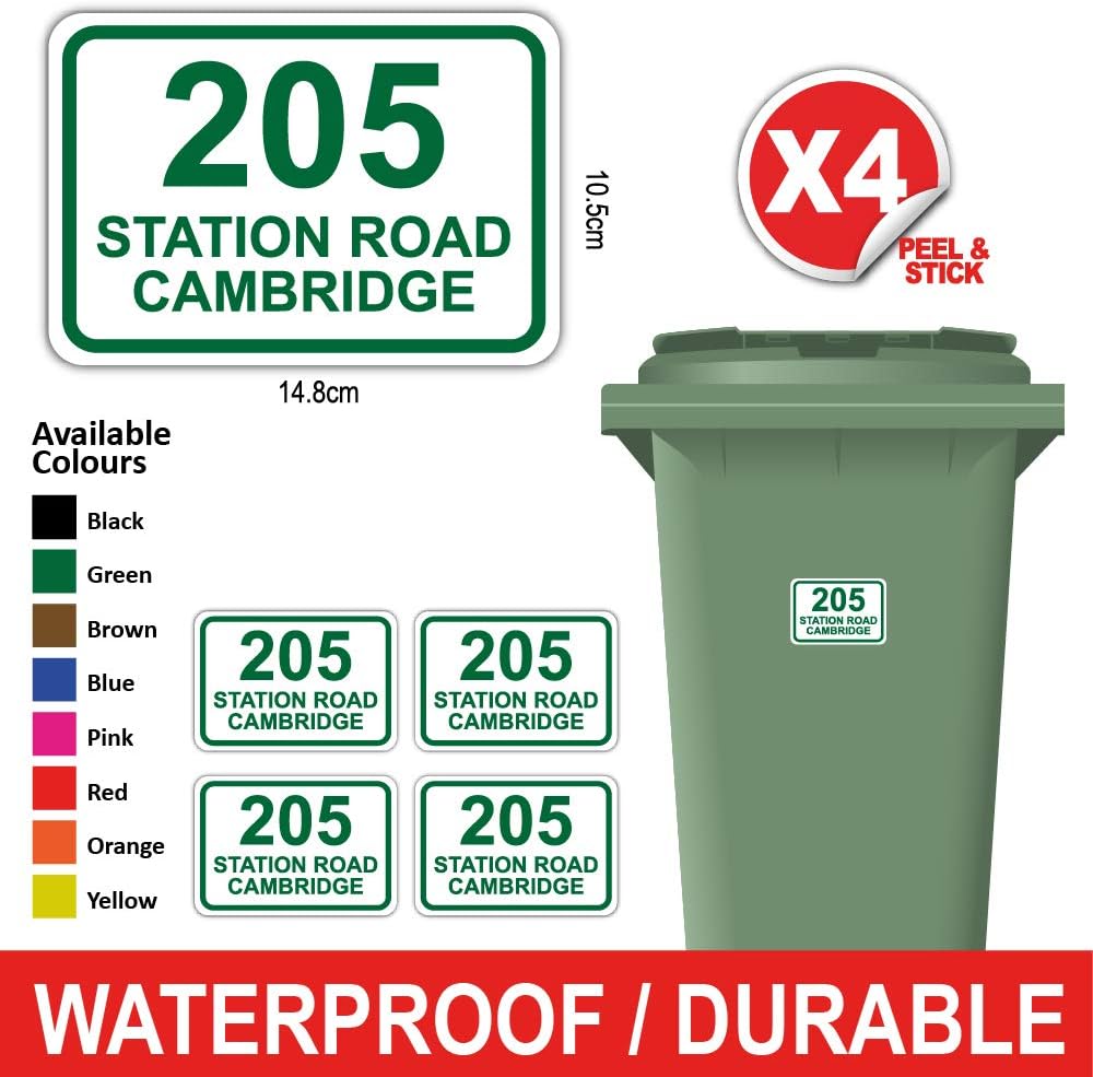 Pack of 4 Personalised Printed Wheelie Bin Number Stickers with House