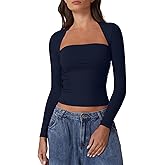 QINSEN Long Sleeve Square Neck Tops for Women Double Lined Side Ruching Going Out Shirts Basic Tee