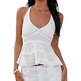 Women Y2K Crochet Halter Top Fairy V Neck Backless Layered Peplum Babydoll Tank Top Vintage Going Out Cami Shirts
